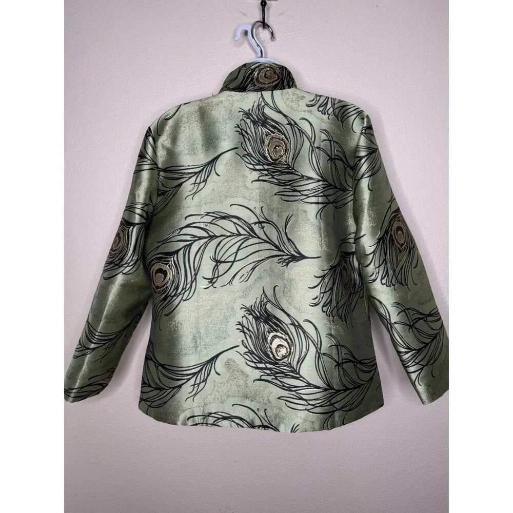 Grace Chuang New York Feather Print Open Jacket Sz S Multicolor Reversible Green - Picture 8 of 16